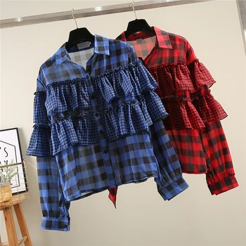

2019 Spring Plaid Blouse Woman New Lapel Long Sleeve Ruffles Stitching Shirt Student Sweet Basic Shirt