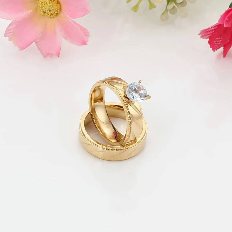 1 пара обручальное кольцо из кубического циркония для женщин, набор обручальных колец из нержавеющей стали золотого цвета, круглые ювелирные изделия, Подарок на годовщину