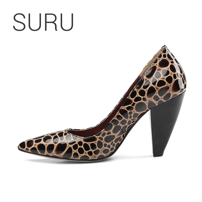 

SURU Women Stone Print Block Heels Pumps 90 High Heeled Leather Office Ladies Shoes Plus Size 33 - 43