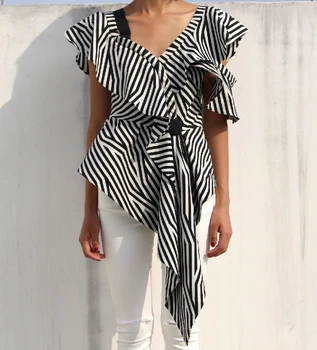 

Self portrait tops 2018 womens summer sexy off shoulder ruffles irregular tops and blouses ladies striped office shirt