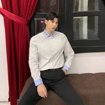 

Male Fashion Dress Shirts Couple Clothes Men's Stripe Embroidered Collar Long Sleeve Casual Shirt Harajuku Streetwear