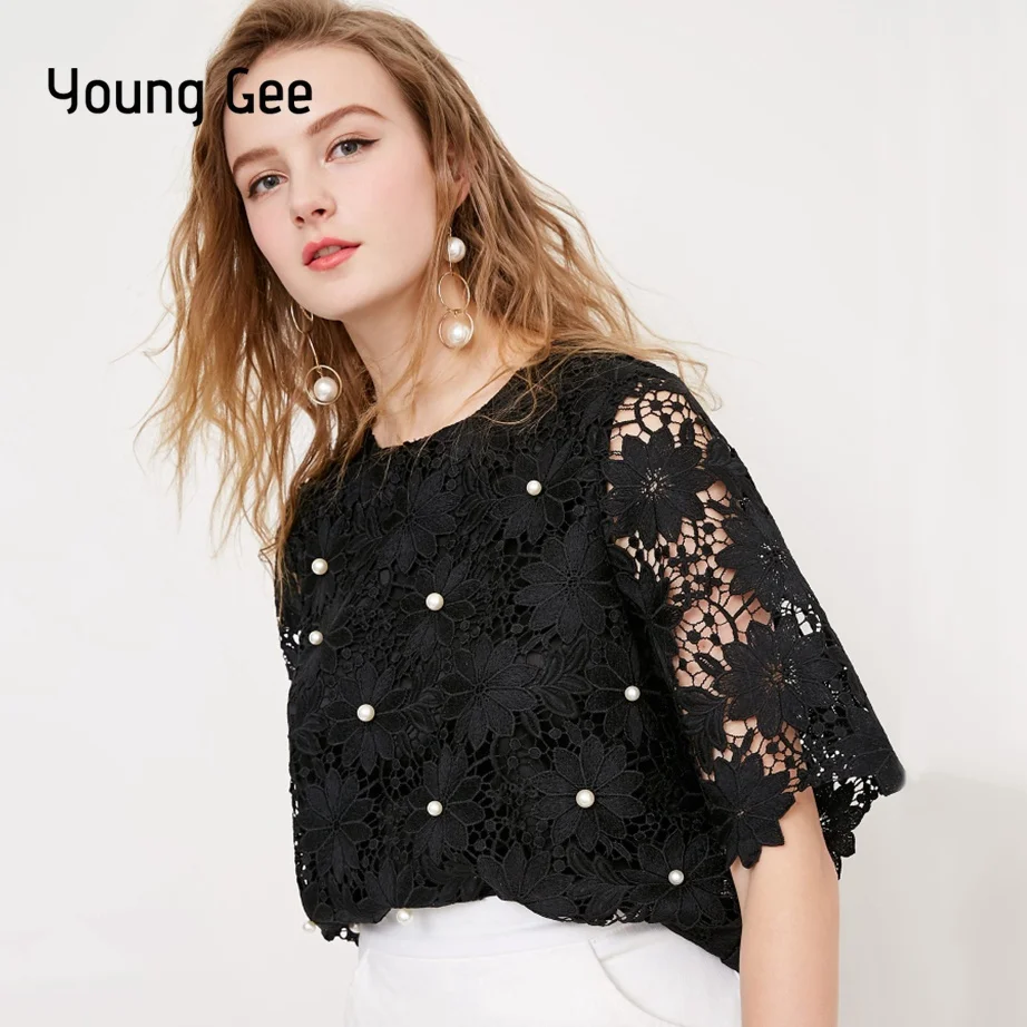 

Young Gee Fashion Women Blouses Pink Floral Crochet Lace Tops Half Sleeve Casual Beading Shirts Summer Hollow Out blusa feminina