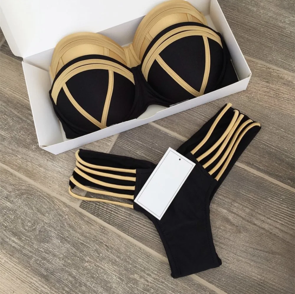 

2019 Sexy String Thong Bikini Set Women Push Up Swimwear Biquini Halter Top 2 Pcs Swimsuit Padded Bra Female Bathing Suit S03