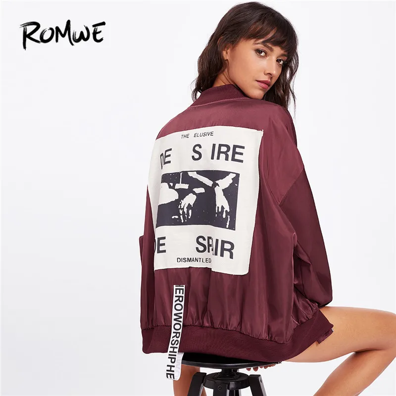 Beste ROMWE Patch Terug Lint Detail Oversized Bomberjack Vrouwen Stand Kraag Rits Brief Jassen 2018 Bourgondi euml; Losse Vrouwen Jas