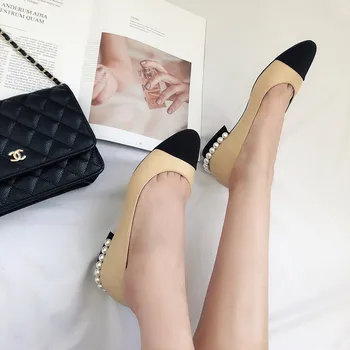 

2019 Classic Shoes Woman Round Toe Low Heels Pearl Heel Pumps Slip On Shoes Dress Party Shoes Female Party Square Heels