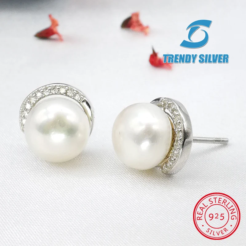 

fresh water natural pearl stub earrings with stones for woman 925 sterling silver jewelry wholesale free shipping TSCE00343