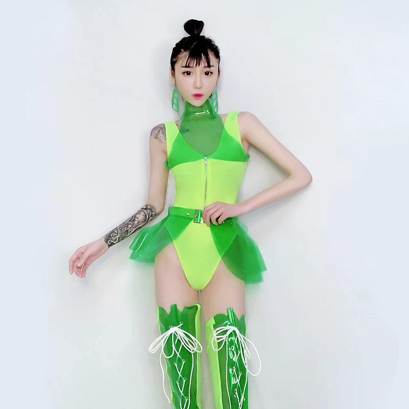 Неоновый зеленый сценический костюм для женщин, сексуальный костюм для танцев ГОГО, костюм для косплея, эльфы, певица, ведущий танец, ночной клуб, комбинезон BL1861