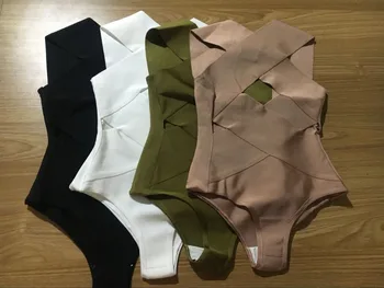 

High Quality Celebrity Black White Khaki Rayon Bandage Bodysuit Evening Party Bodysuits