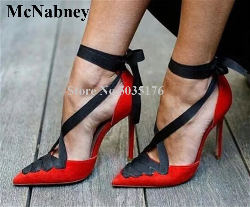 

European Women Party Cross-tied Strap Lace-Up Pointed Toe High Stiletto Heel Pumps Ankle Strap Shallow Formal Dress Women Shoes