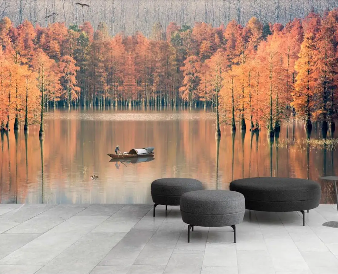 

Original Forest View Wallpaper Art Wall Mural Painting Contact Paper Roll 3d Photo Lake Boat Luxury Home Decor