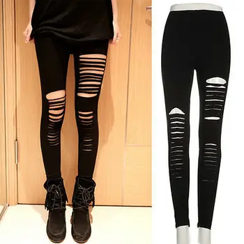 

Lady Women Skinny Black Leggings Stretchy Sexy Slim Skinny Hollowed Hole Ripped Leggings Pants New Fashion
