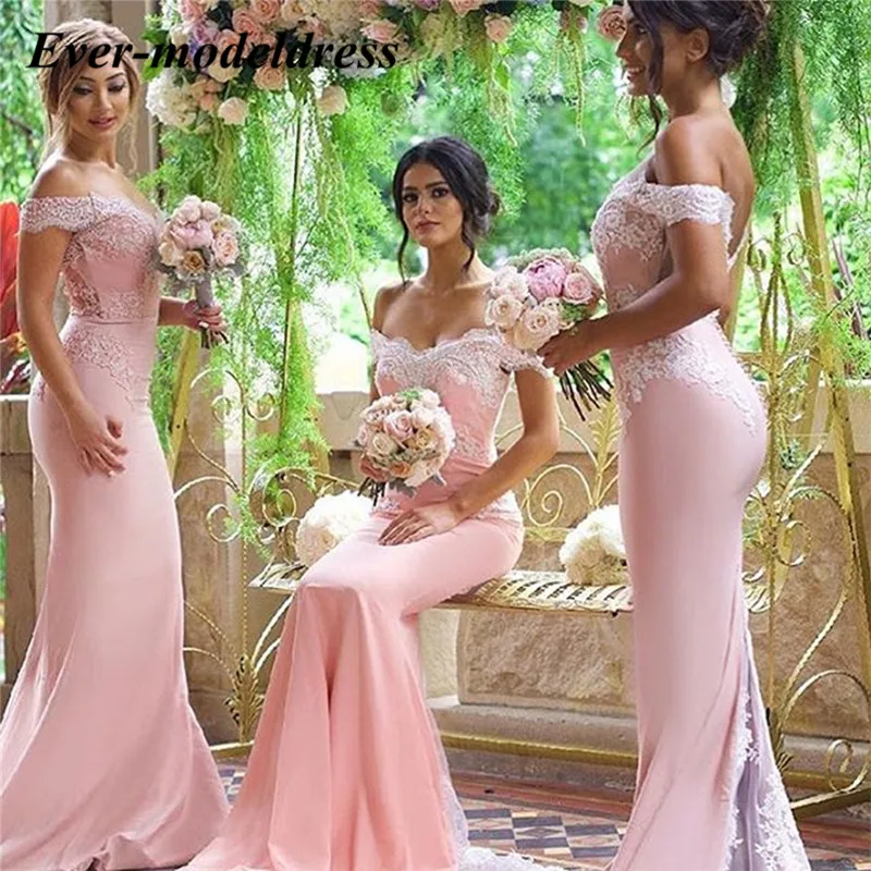 

Pink Mermaid Bridesmaids Dresses 2019 Off Shoulder Appliques Lace Long Maid of Honor Wedding Guest Party Gowns Vestidos Cheap