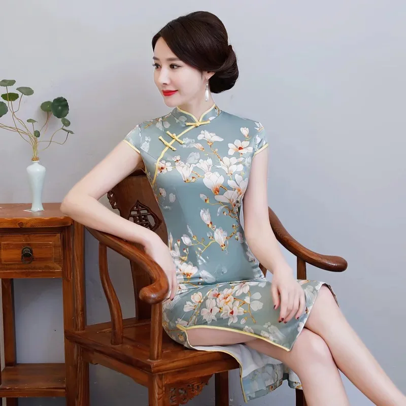 Новинка платье миди Cheongsam Qipao сезон: весна–лето платье Для женщин Элегантный принт женское платье модельные вечерние традиционное китайское платье Vestidos