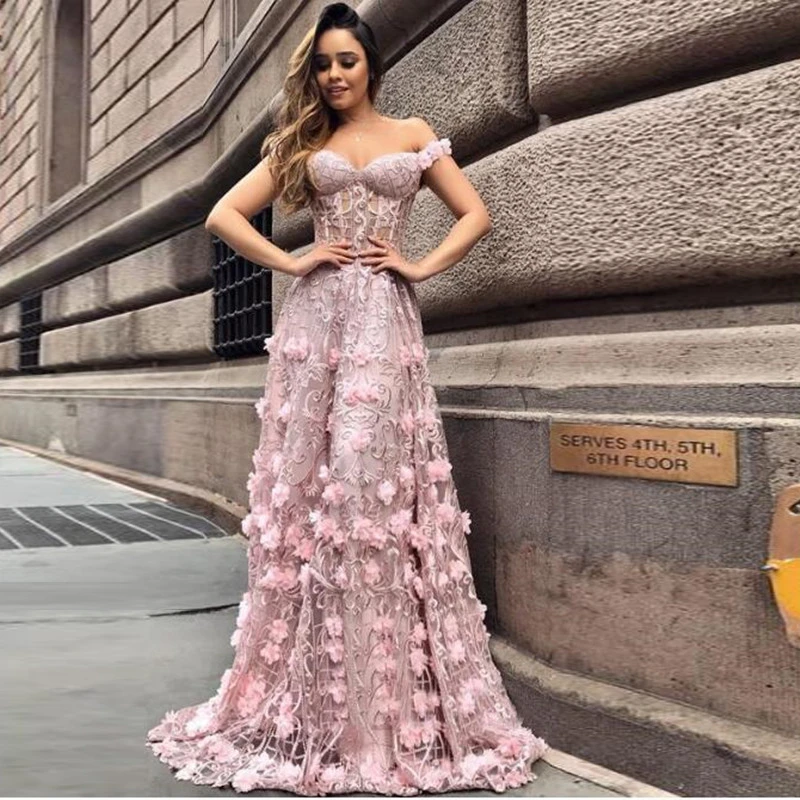 vestido de noche rosa de tul con hombros descubiertos para mujer, moda 2019, apliques largos 3D de flores, vestidos de fiesta para Vestidos| - AliExpress