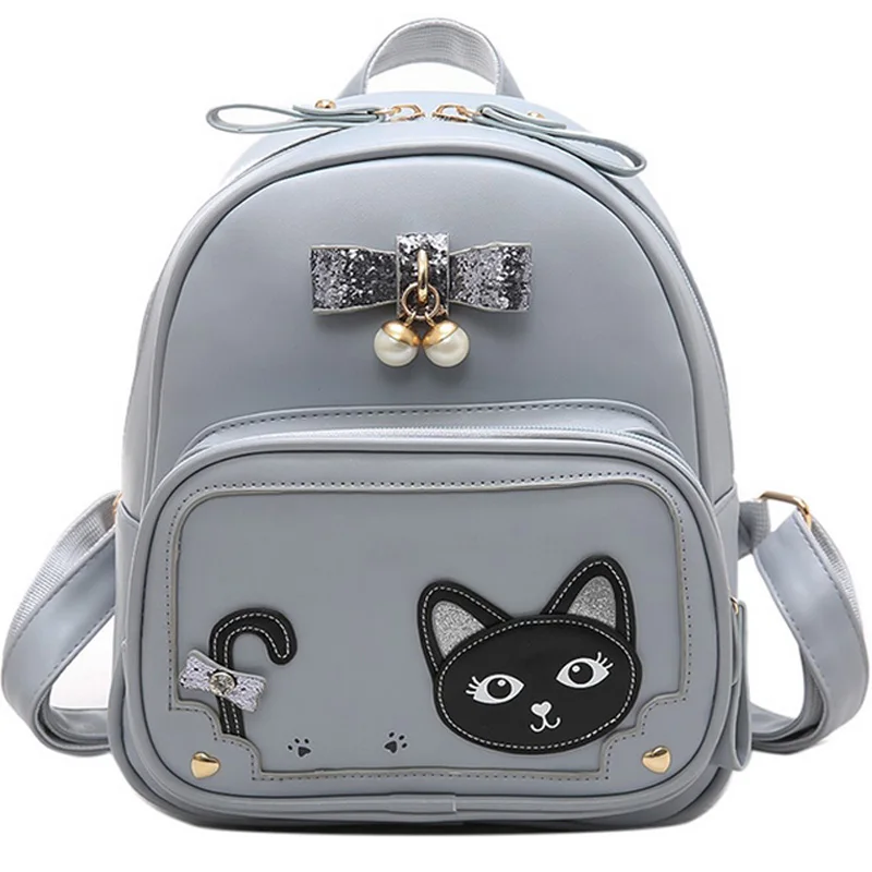 Cute Cat Heart shape rivet women backpack casual preppy leather Black Backpacks pearl bow Girls school