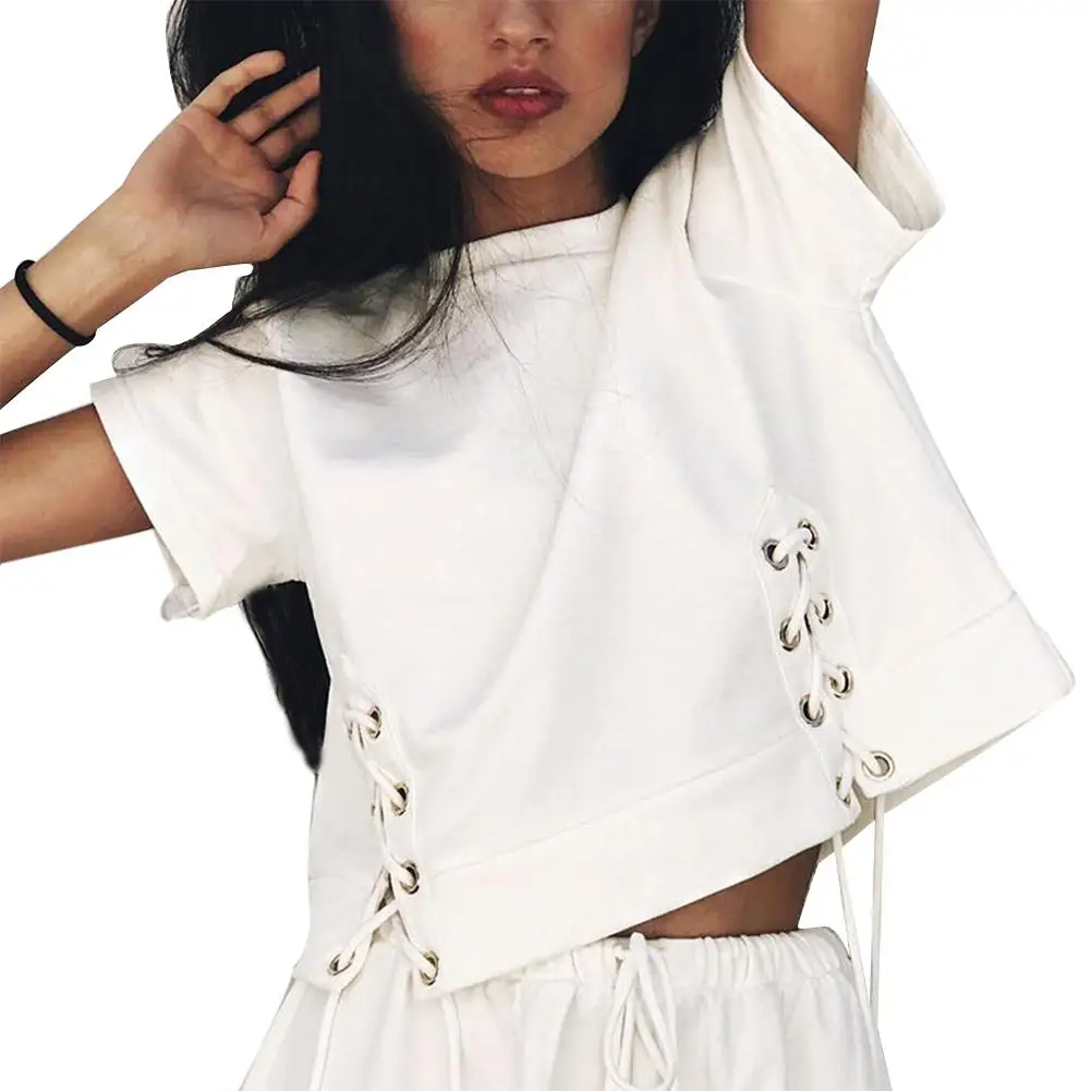 

Yfashion Lace-Up T-Shirt Summer Women Casual Fashoin Solid Cotton Slim Fit Crop Tops Female Clothes T Shirts Tee for Women