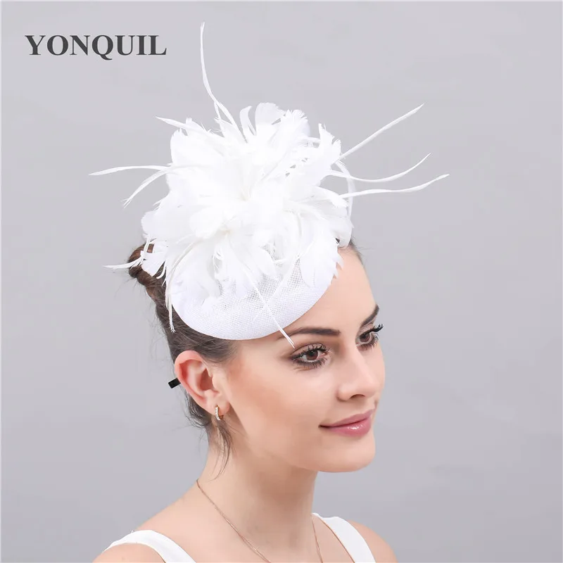 

New Fashion White Fascinator Women Party Hats Bridal Feather Wedding Married Elegant Headwear Headbands Church Eace Headpiece