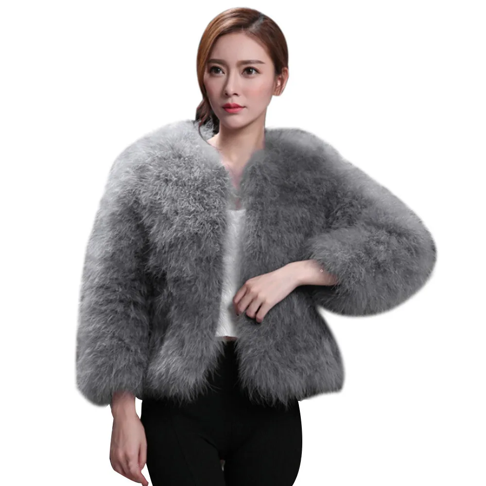 Women Faux Fur Ostrich Feather Soft Fur Coat Jacket Fluffy Winter Xmax