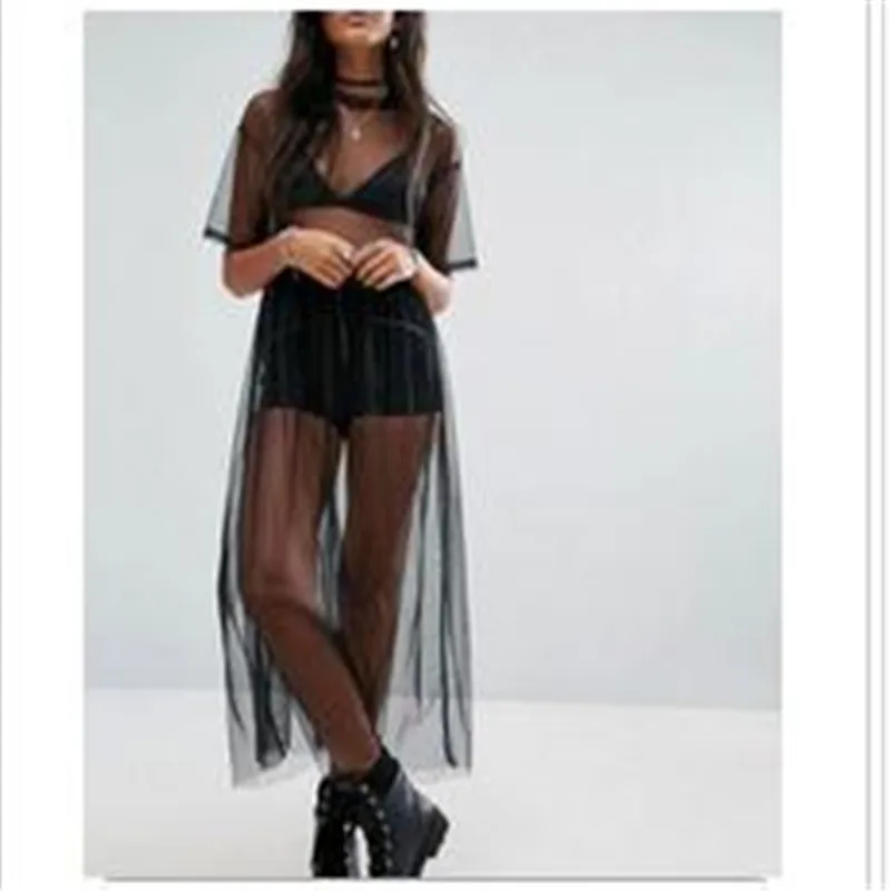 Women See Through Covers Up New Sexy Sheer Mesh Black Color Bikini Cover Ladies' Summer Short Sleeves Beach Sundress Hot Sale | Женская