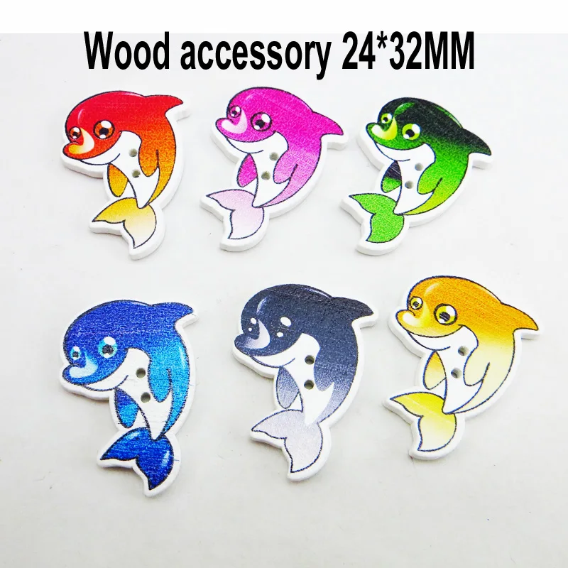 

25pcs Dolphin buttons 2 Holes patterns cartoons Wood Sewing fish Button decoration Scrapbook charms WCF-471