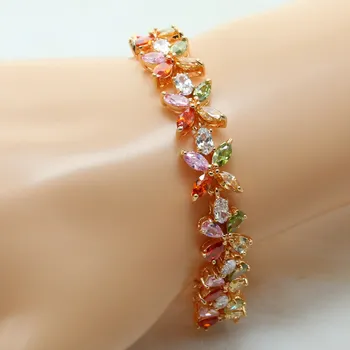 

Plated Rose Gold Claw Set With Colored Cubic Zirconia 7-8 Inch Women Wedding Bracelet Plant Shape -V2B