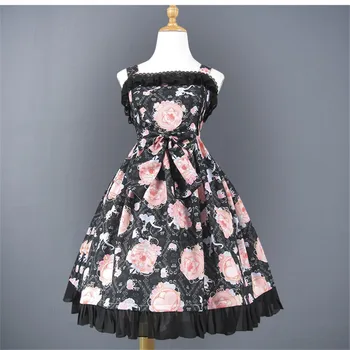 

Lolita Jumper Skirt Straps Black Crystal Lover Floral Bow Lolita JSK Dress