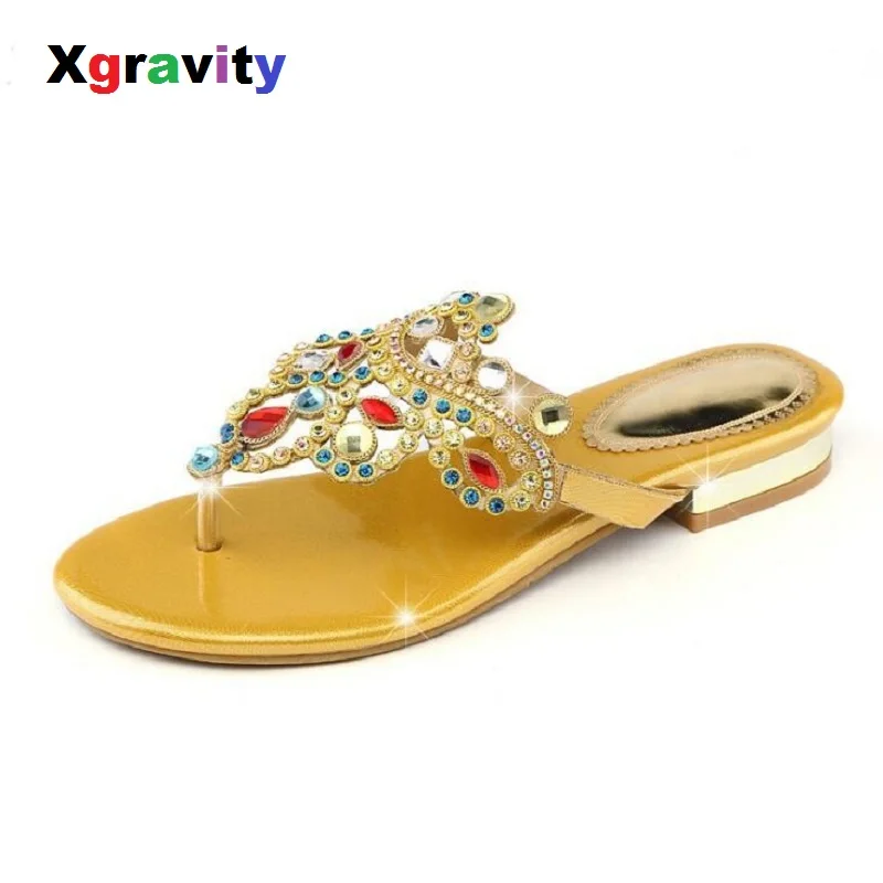 

XGRAVITY New Ladies Casual Luxury Shoes Sexy Crystal Rhinestone Design Women Sandals Hot Ladies Genuine Leather Flat Shoes B012