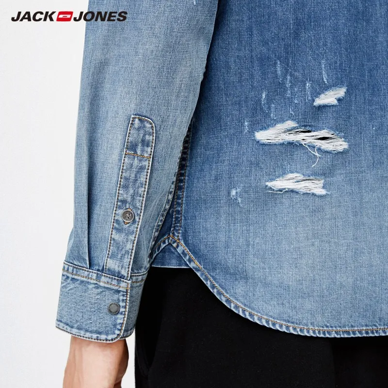 JackJones Мужская джинсовая рубашка из хлопка с заостренным воротником и длинными рукавами | 218305509
