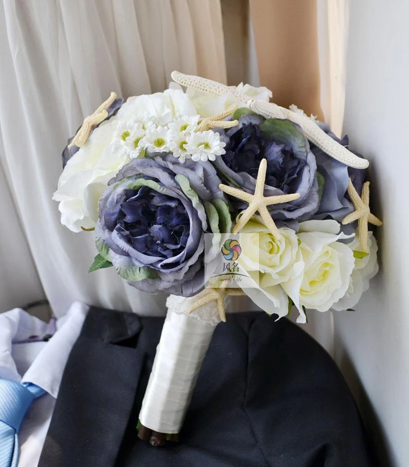 

New Style Wedding Bridal Bridesmaid Bouquet Handmade Bride Holding Flower Artificial Flower With Resin Starfish Home Decoration