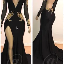 Черный халат De Soiree Русалка v-образным вырезом одежда с длинным рукавом Кружева из бисера спинки пикантные Длинные Выпускные платья вечерние платья