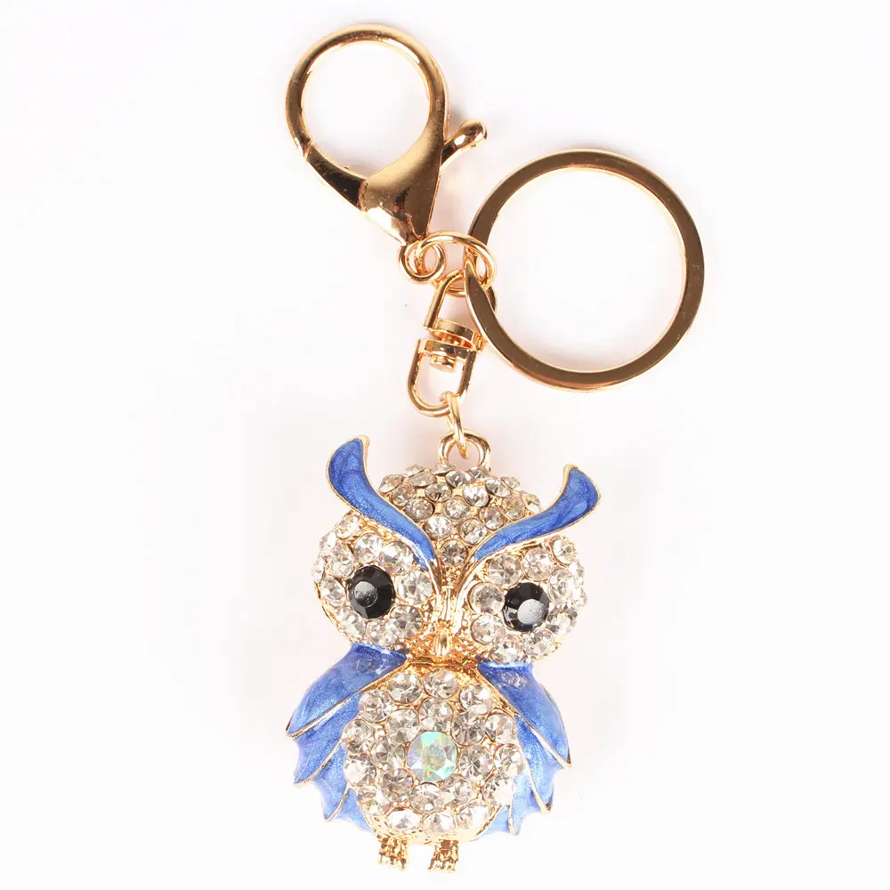 Blue Owl Bird Pendant Charm Rhinestone Crystal Keyring Key Chain for