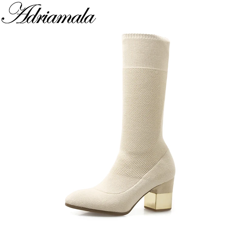 

2018 Women High Heels Boots Autumn Winter Stretch Fabric Round Toe Fashion Mid-calf Square Heel Women Boots Adriamala