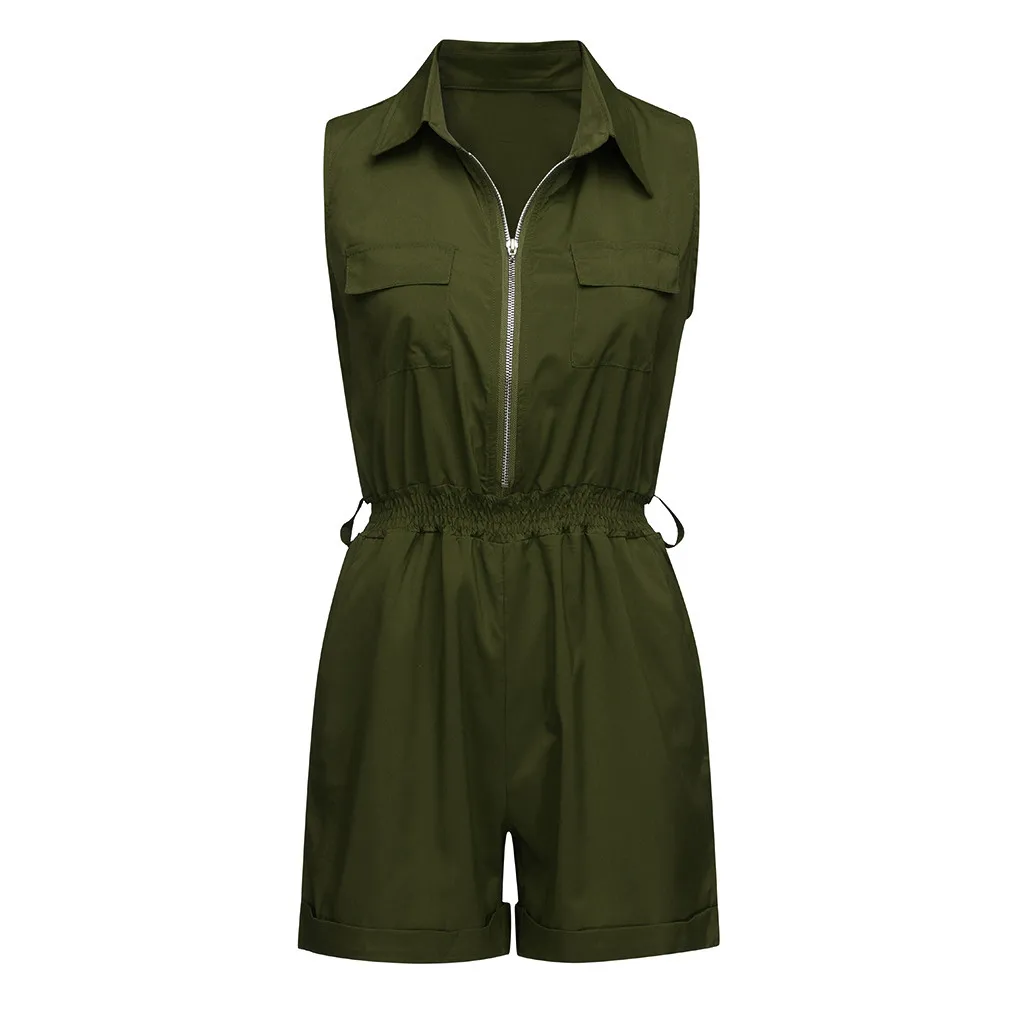 Women Summer Elegant With Elastic Waist Playsuit Casual Sleeveless Zippered Shorts Overall Jumpsuit Playsuit#19628