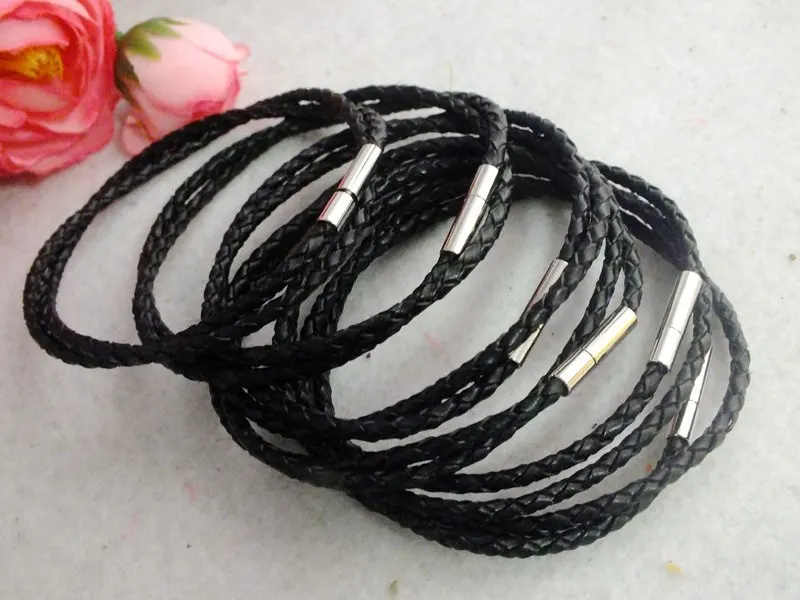 50pcs/lot 3mm 40cm Black Leather Cord  With Magnetic clasp Gunine Real Leather Cord Bracelet For Charm Jewelry A-3286