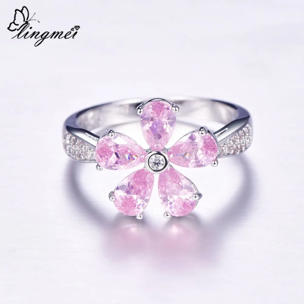 Lingmei цветок Для женщин ювелирные изделия фиолетовый и розовый и белый кубический цирконий серебряное кольцо Размеры 6 7 8 9 для рождественские украшения