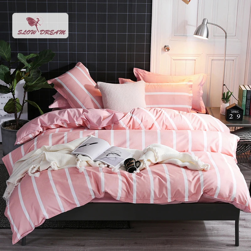

SlowDream Pink White Geometry Striped Bedding Set Double Queen Adult Single Student Size Duvet Cover Bed Linens Sheet Set
