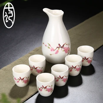 

Chinese ceramic white wine set liquor bottle distributor cup spiritual Japanese hand painted sake pot small barware drinkware