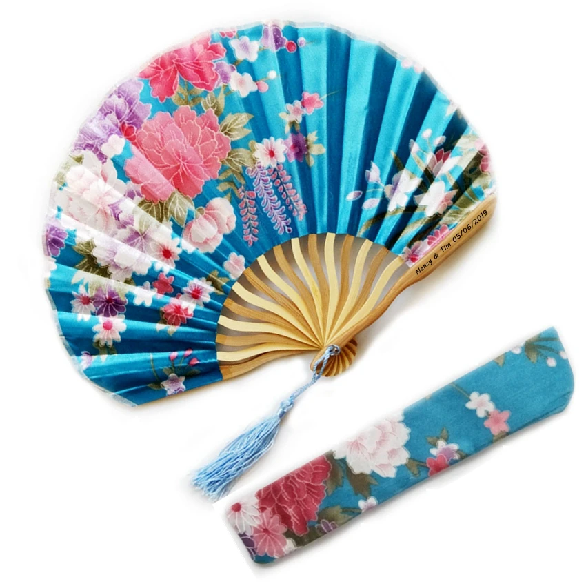 

50pcs Flower Wedding Personalized Silk Fan Event Party Favor Gift Cloth Dance Hand Folding Fans +Customized Printing+Bag