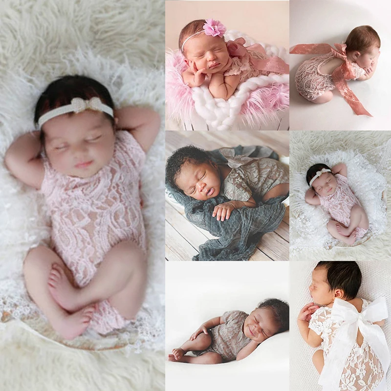 New Newborn Baby Photo Prop Girl Romper with Rose Bow Pink picture