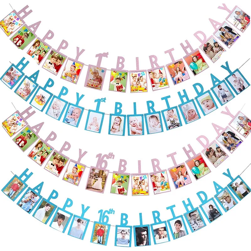 1 Set Happy Birthday Photo Banner DIY Paper Garland Banner for 1st 2nd 16/18/21/30/40/50/60 Year Old Birthday Party Decoration