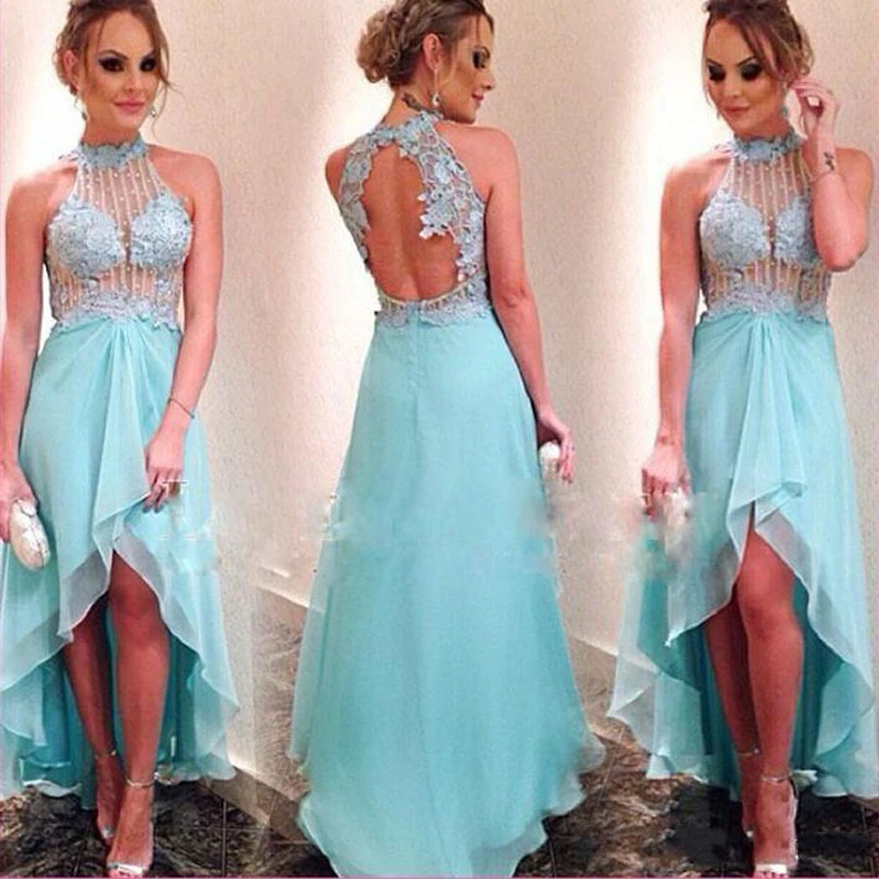 

Ice Blue High Low See-through Sexy Prom Dress Appliques Beaded Mint Green Women Evening Party Gown Open Back Hi-Lo Prom Gowns