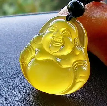 

Natural yellowpith smiling Buddha guanyin Maitreya female Necklace Pendant jewelry gift free rope