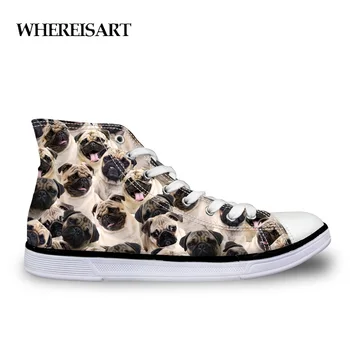 

WHEREISART Cute Pug Dog Pattern Womens Vulcanized Shoes Classic Women High Top Canvas Shoes Flats Casual Women's Sneakers Shoes