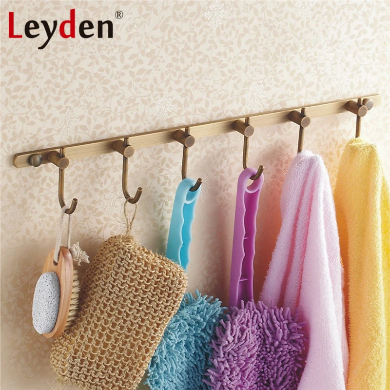 Leyden Coats Hooks Towel Rack Holder Antique Brass Brushed Bronze Wall Mount Classical All Copper Rustic Row Hooks with 6 Hooks