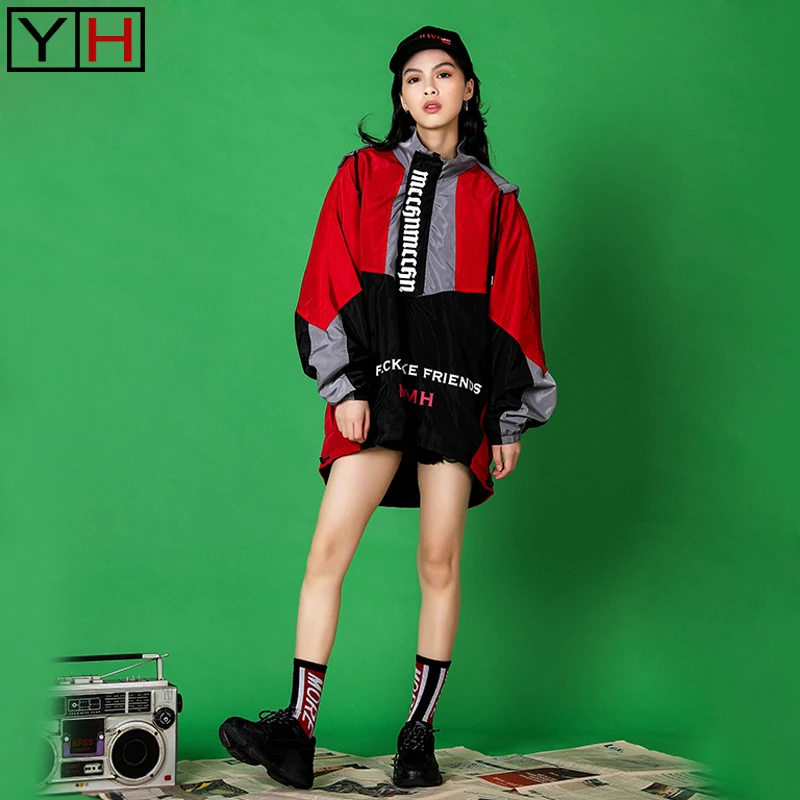 

lady fashion hip hop coat loose sweatsuit playful hoodies red black patchwork tracksuit pullover hooded plus size hot sale