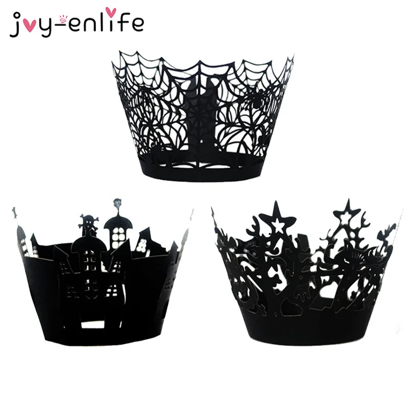 

12pcs Halloween Cupcake Wrapper Baking Cup Hollow Paper Cake Wrapper Witch Spiderweb Castle Halloween Party Decoration Supplies