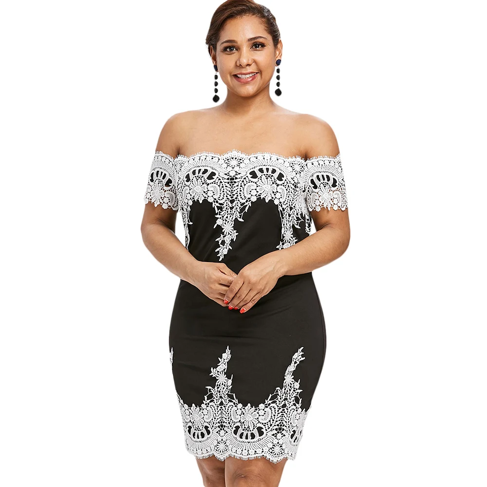 

Plus Size Sexy Dress Women Eyelash Lace Trim Bodycon Off The Shoulder Short Sleeves Slash Neck Elegant Party Dresses Vestidos