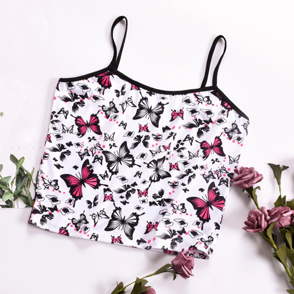 

Crop Top Fashion Women T Shirt Spaghetti Strap Party Summer Butterfly Print Shopping Polyester Sexy O Neck Slim Fit Casual