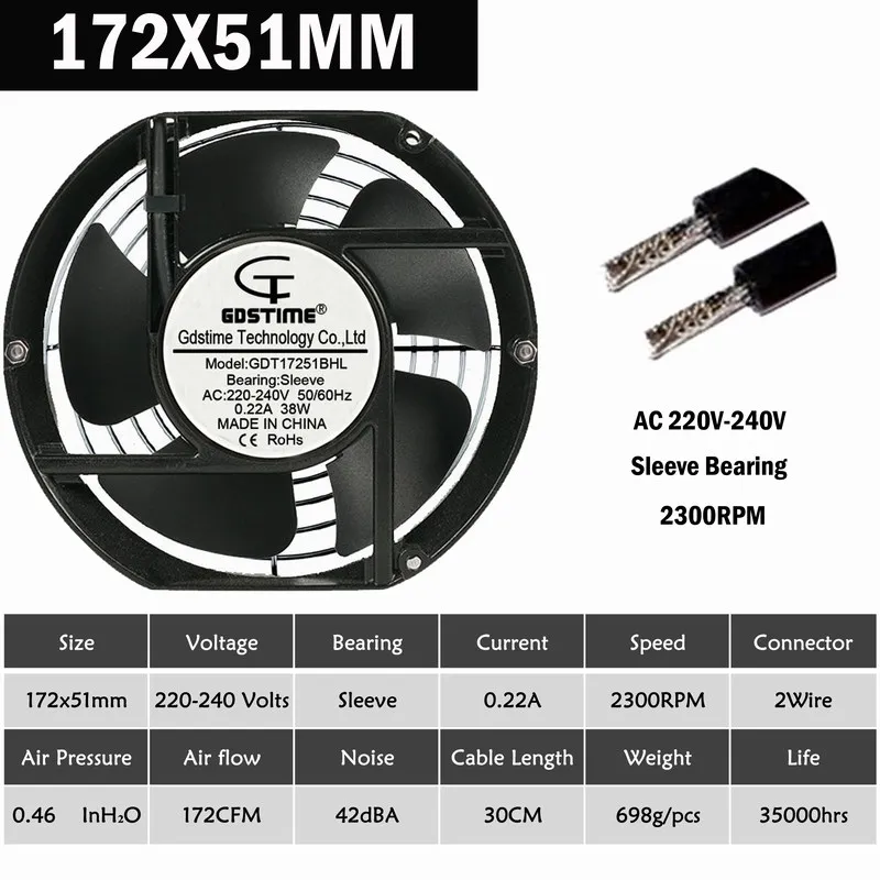 Gdstime шариковый 170 мм 172 мм 172x51 мм 172x25 мм вентилятор охлаждения 12 В/24 В/48 в 110 в 120 в 220 в 240 В осевой промышленный вентилятор с винтовой защитной сеткой - Цвет лезвия: 172X51mm 220V Sleeve
