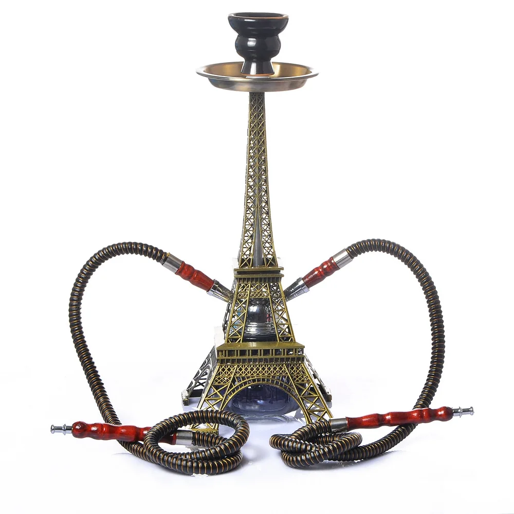 40cm Hot New Metal Paris Tower Shisha Pipe Glass Base Hookah Set with Double Hoses Ceramic Bowl Charcoal clamp |